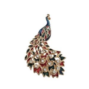 Vintage Blue and Red Enamel Crystal Peacock Brooch 2.25"